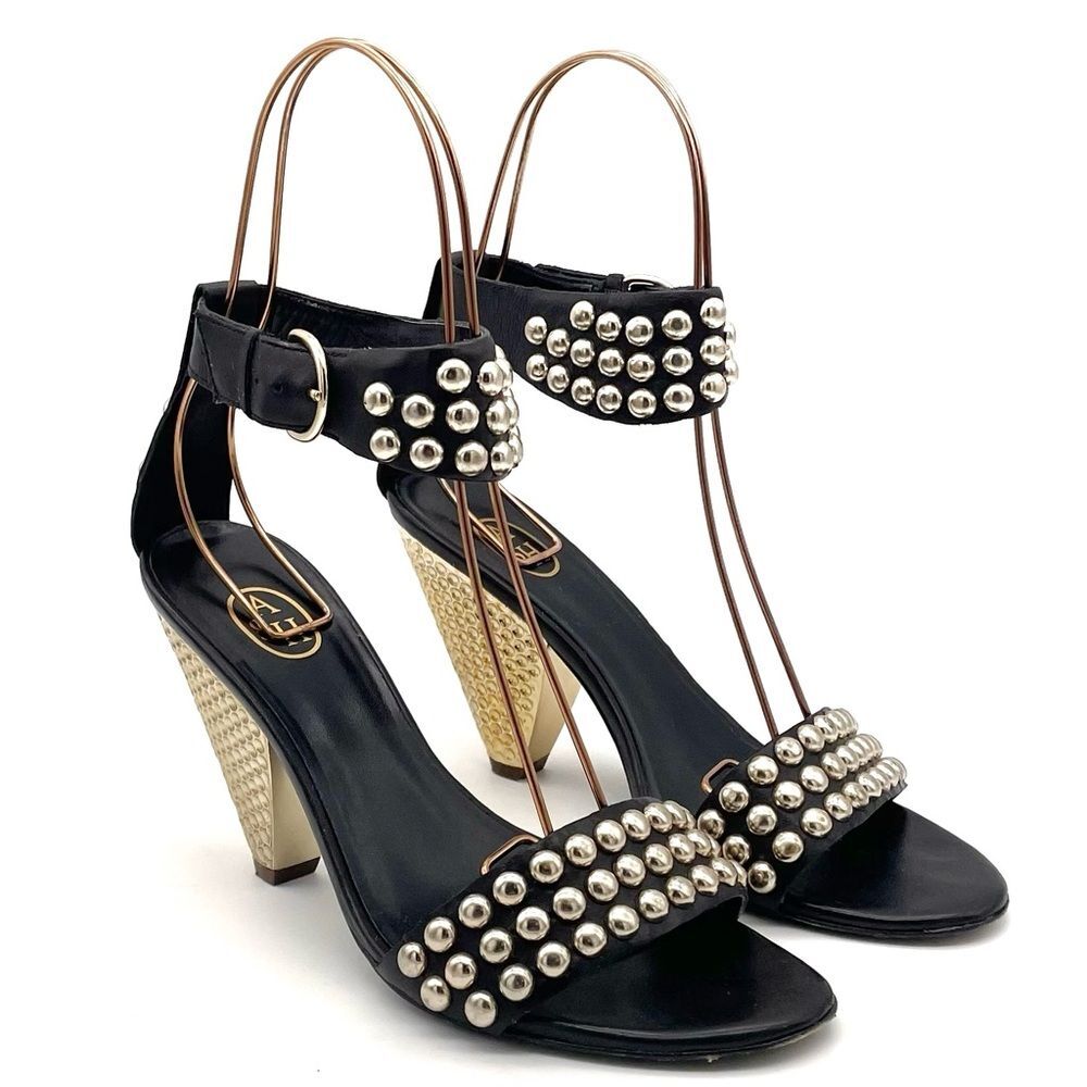 ASH Gold Studded Black Leather Ankle Cuff Heeled Strappy Sandals Size 38 | US 7 - Picture 7 of 16